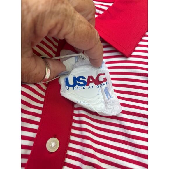 U Suck at Golf USAG Polo Shirt L NEW Red Striped Extreme Comfort Stretch - Picture 8 of 11